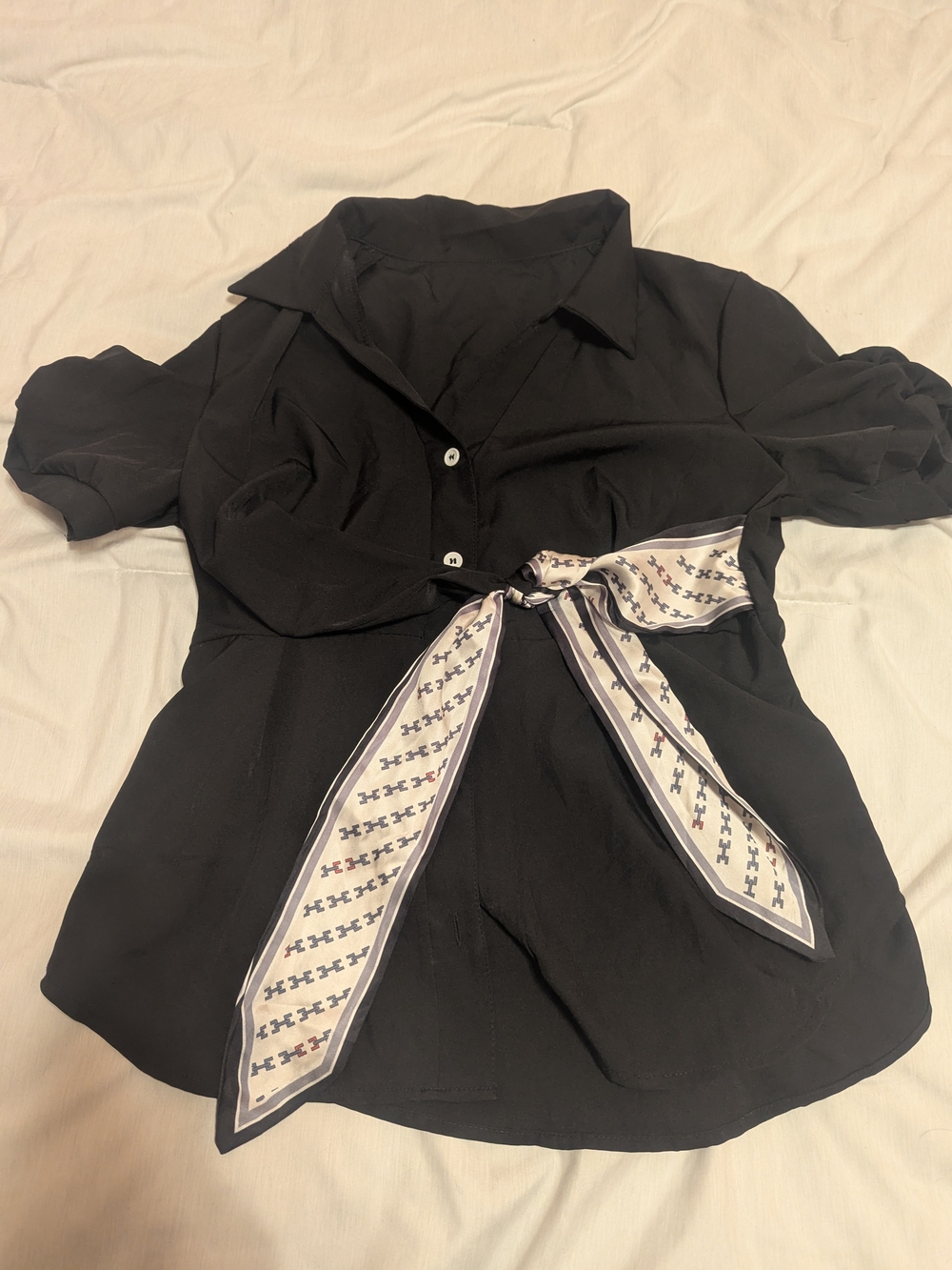 Black Women's Button-Up Top with Decorative Scarf Tie
